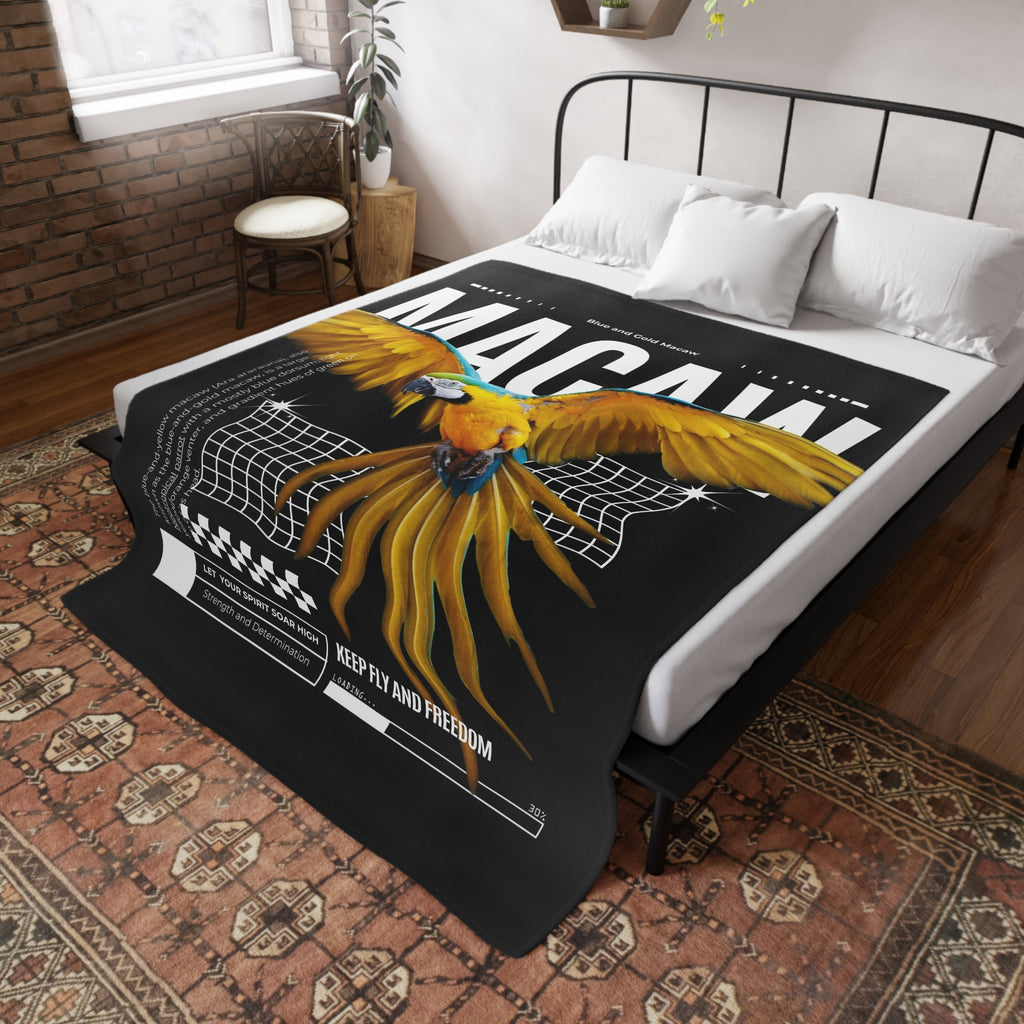 Macaw Fleece Blanket, Cozy Throw, Bird Lover Gift, Mellow Decor, Wildlife Lovers Blanket, Colorful Home Accent - Black