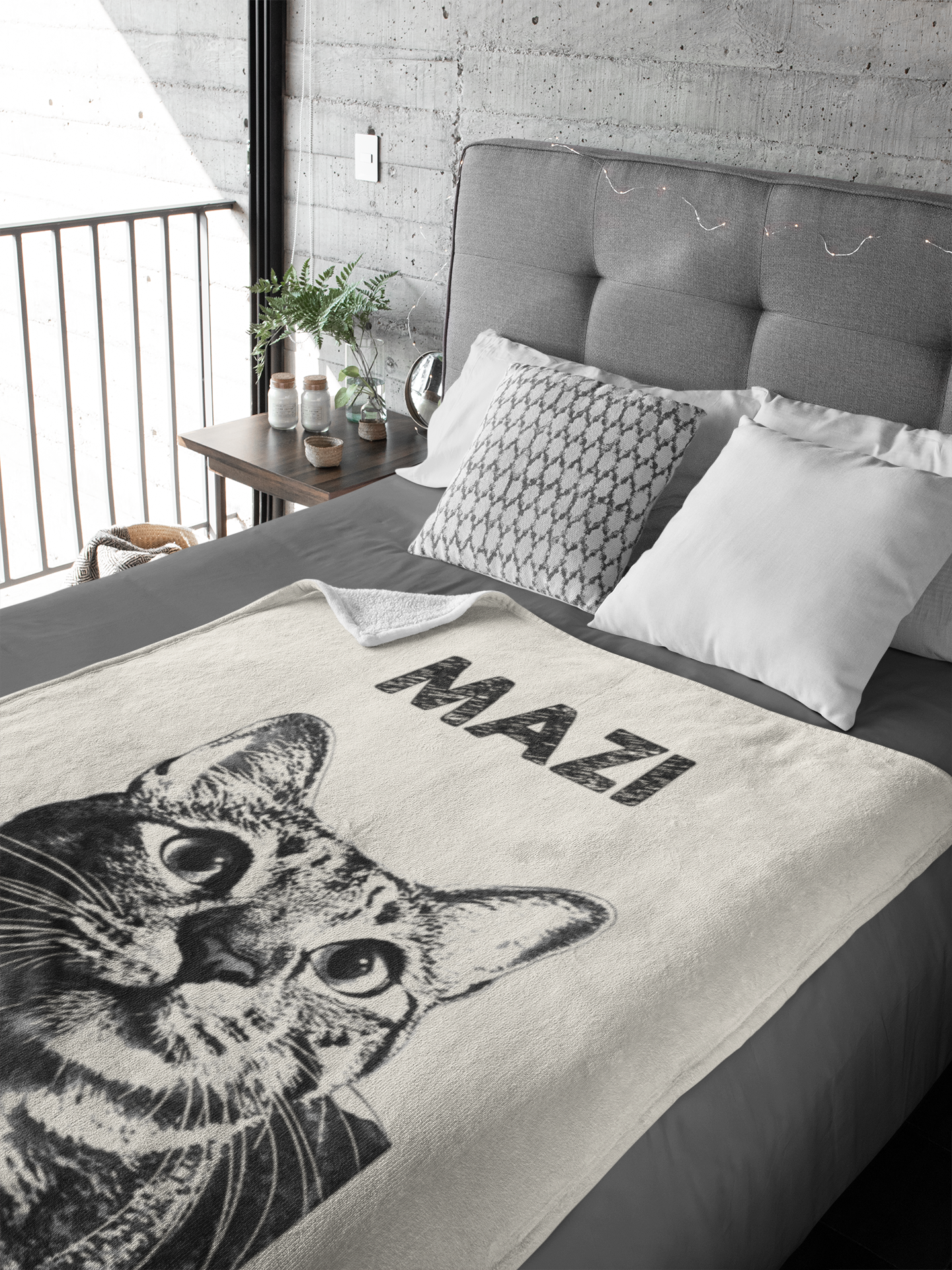 Custom Pet Pen Art Portrait Blanket, Personalized Cat Photo Throw Blanket, Cat Mom Gift, Cat Face and Name Blanket, Cat Lover Gift - Cream