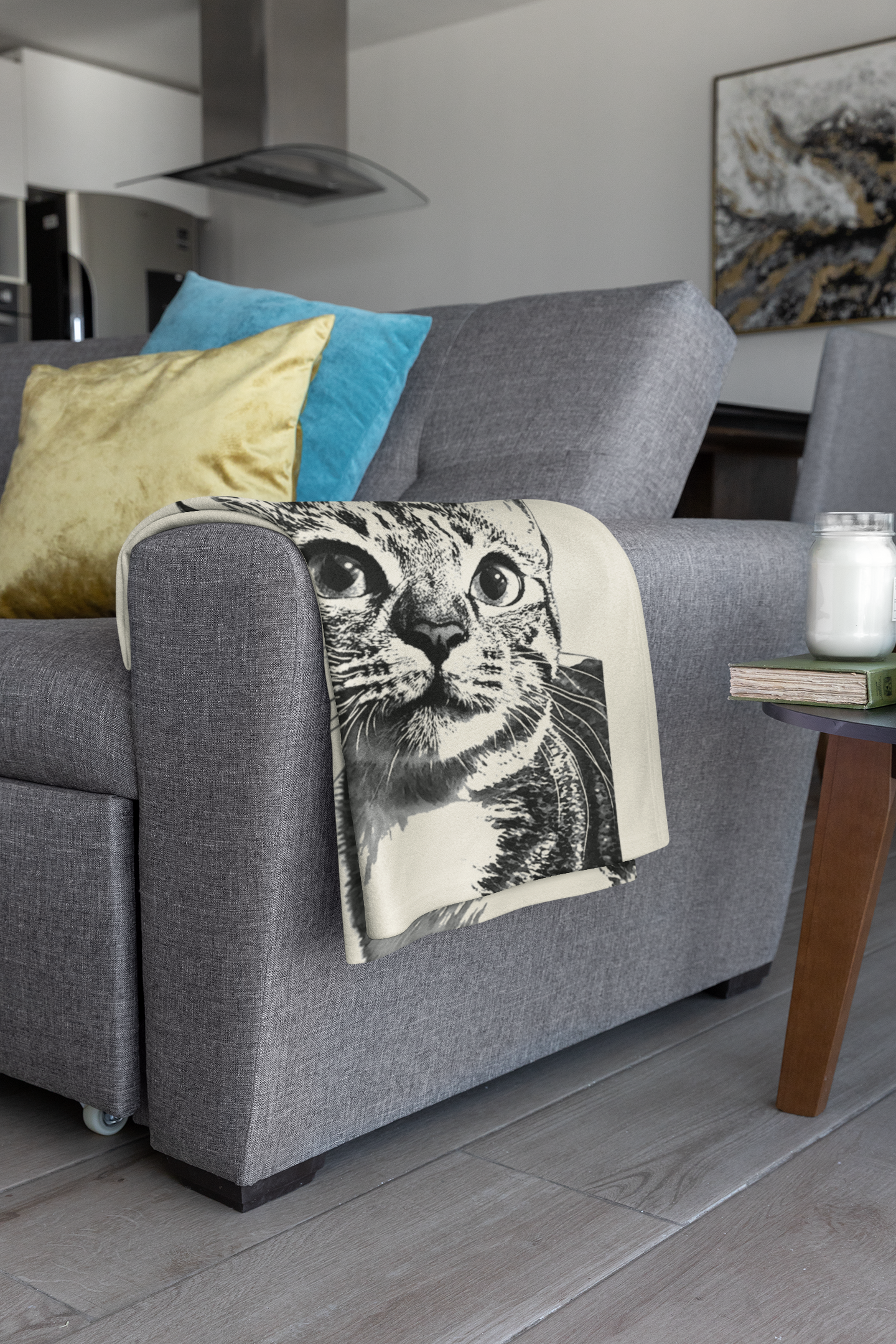 Custom Pet Pen Art Portrait Blanket, Personalized Cat Photo Throw Blanket, Cat Mom Gift, Cat Face and Name Blanket, Cat Lover Gift - Cream