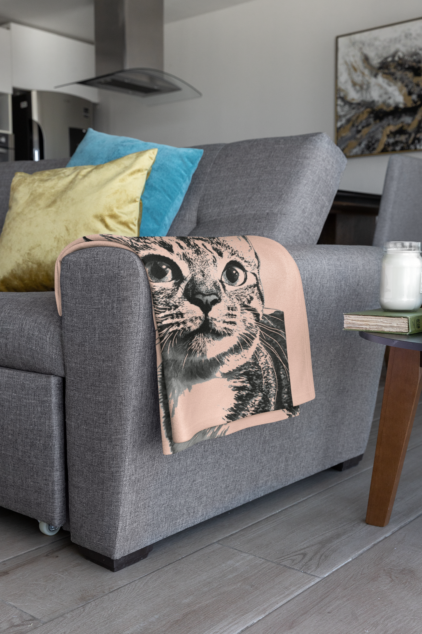 Custom Pet Pen Art Portrait Blanket, Personalized Cat Photo Throw Blanket, Cat Mom Gift, Cat Face and Name Blanket, Cat Lover Gift - Apricot