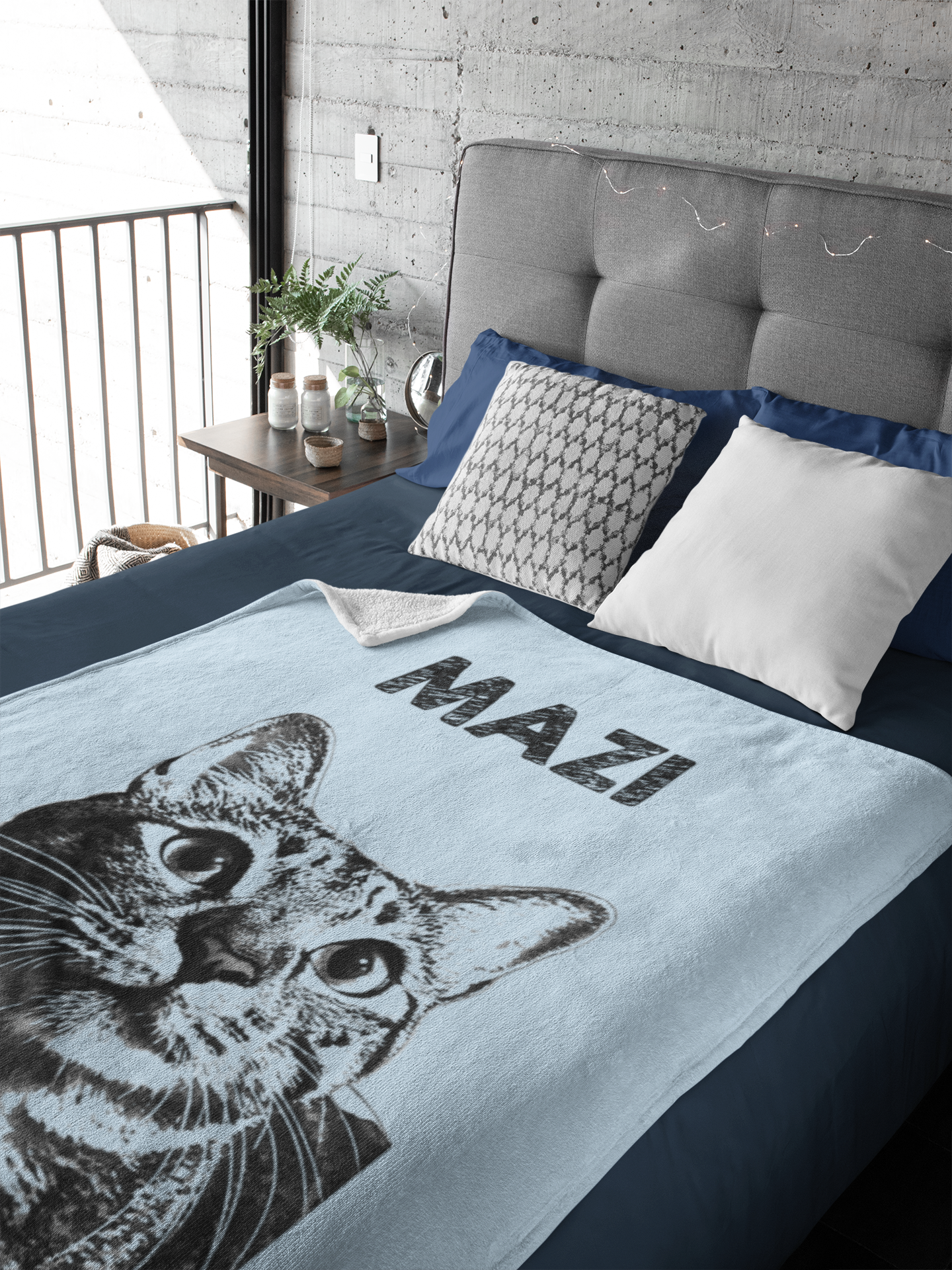 Custom Pet Pen Art Portrait Blanket, Personalized Cat Photo Throw Blanket, Cat Mom Gift, Cat Face and Name Blanket, Cat Lover Gift - Cloud Blue