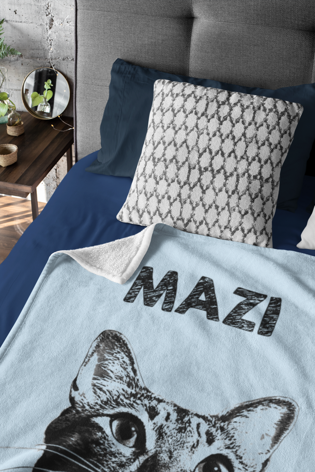 Custom Pet Pen Art Portrait Blanket, Personalized Cat Photo Throw Blanket, Cat Mom Gift, Cat Face and Name Blanket, Cat Lover Gift - Cloud Blue