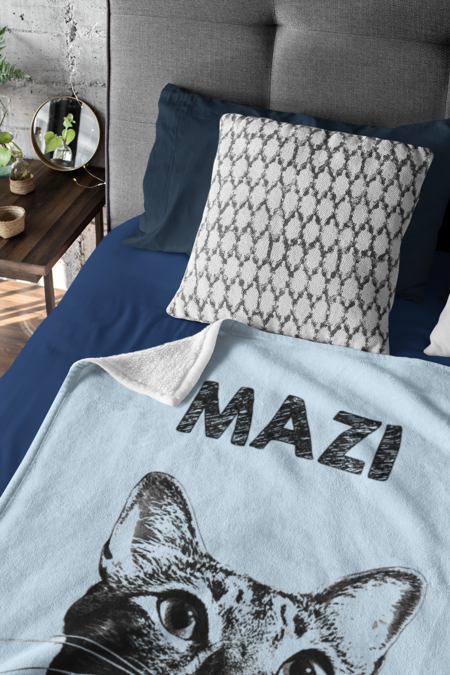 Custom Pet Pen Art Portrait Blanket, Personalized Cat Photo Throw Blanket, Cat Mom Gift, Cat Face and Name Blanket, Cat Lover Gift - Cloud Blue