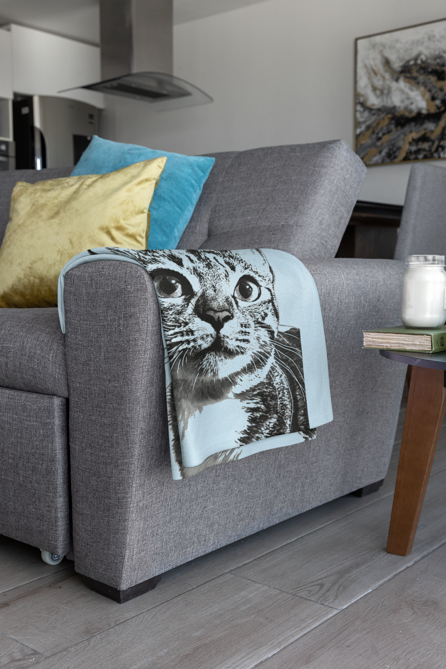 Custom Pet Pen Art Portrait Blanket, Personalized Cat Photo Throw Blanket, Cat Mom Gift, Cat Face and Name Blanket, Cat Lover Gift - Cloud Blue