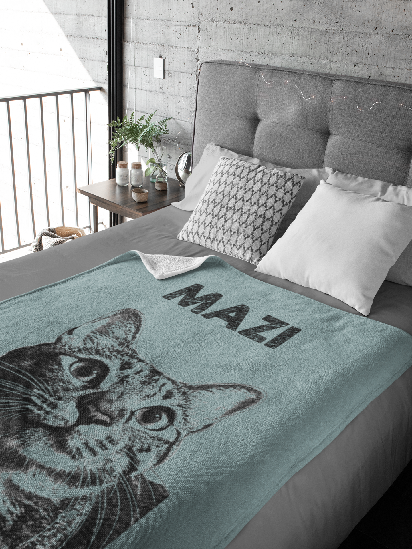 Custom Pet Pen Art Portrait Blanket, Personalized Cat Photo Throw Blanket, Cat Mom Gift, Cat Face and Name Blanket, Cat Lover Gift - Duck egg
