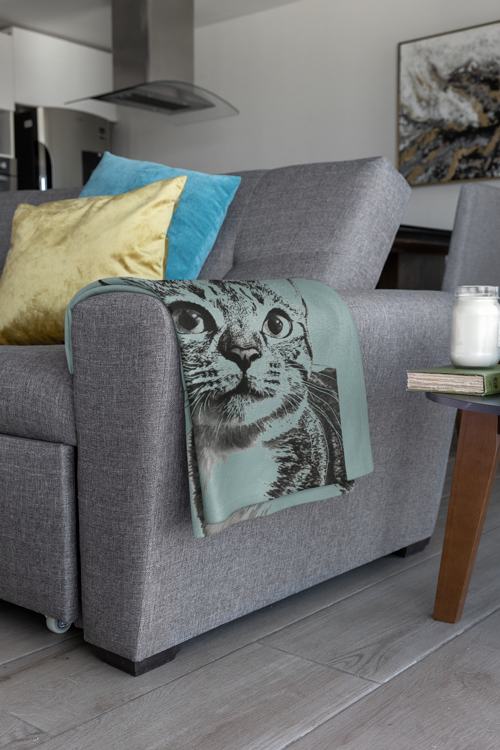 Custom Pet Pen Art Portrait Blanket, Personalized Cat Photo Throw Blanket, Cat Mom Gift, Cat Face and Name Blanket, Cat Lover Gift - Duck egg
