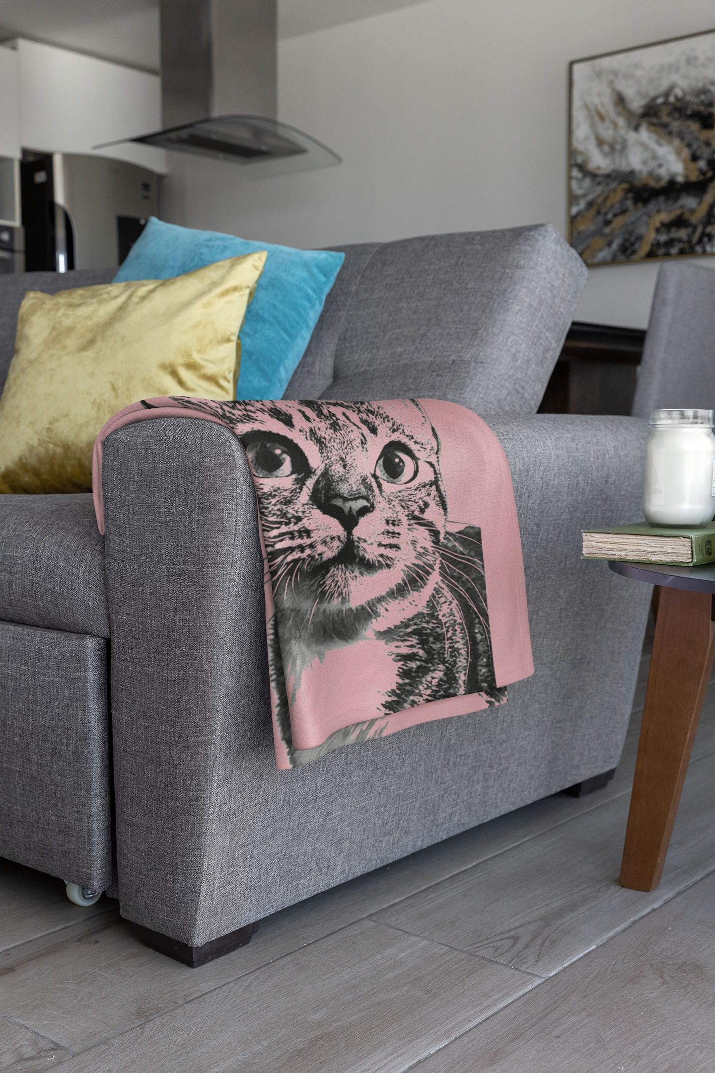 Custom Pet Pen Art Portrait Blanket, Personalized Cat Photo Throw Blanket, Cat Mom Gift, Cat Face and Name Blanket, Cat Lover Gift - Pale rose