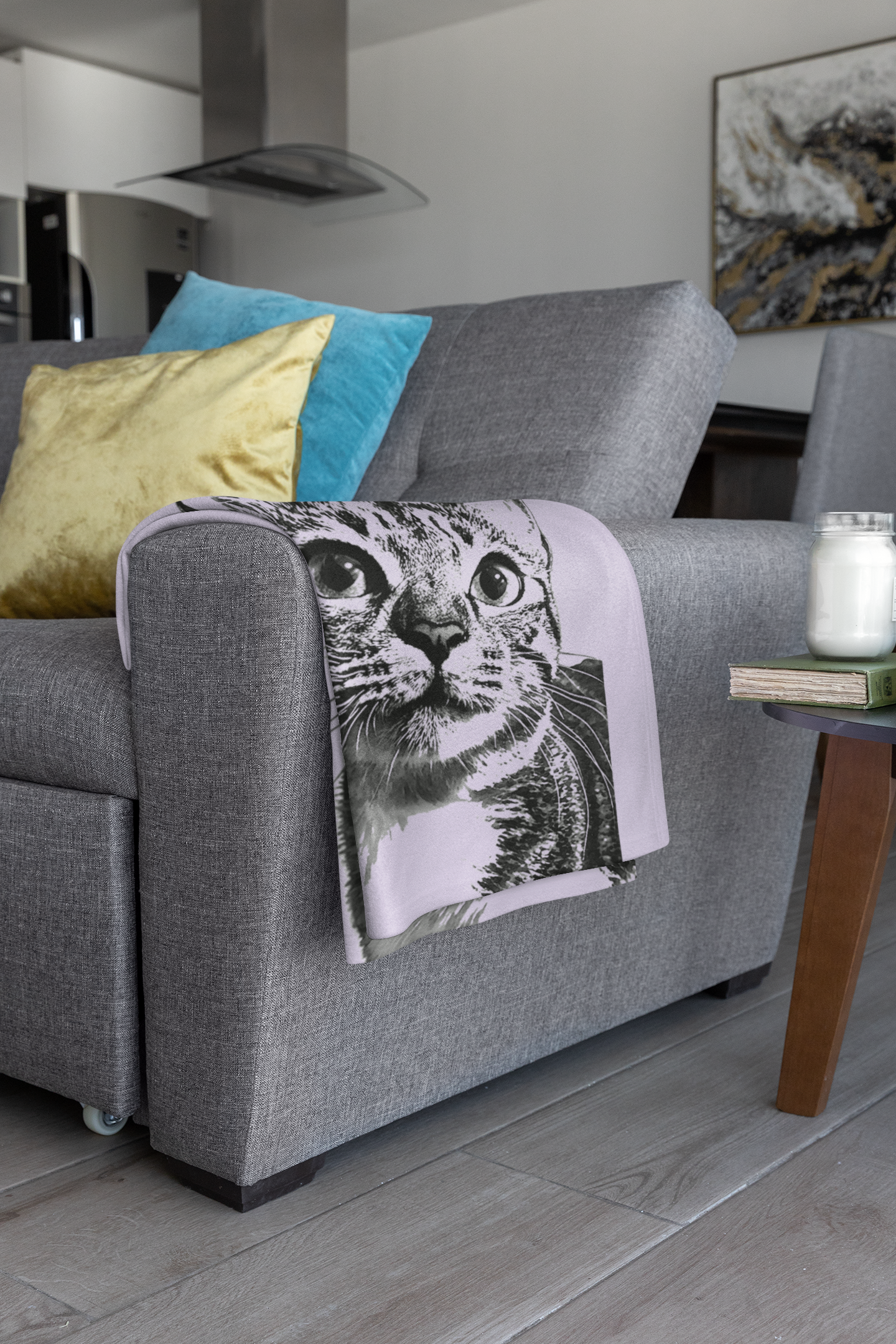 Custom Pet Pen Art Portrait Blanket, Personalized Cat Photo Throw Blanket, Cat Mom Gift, Cat Face and Name Blanket, Cat Lover Gift - Parma Violet