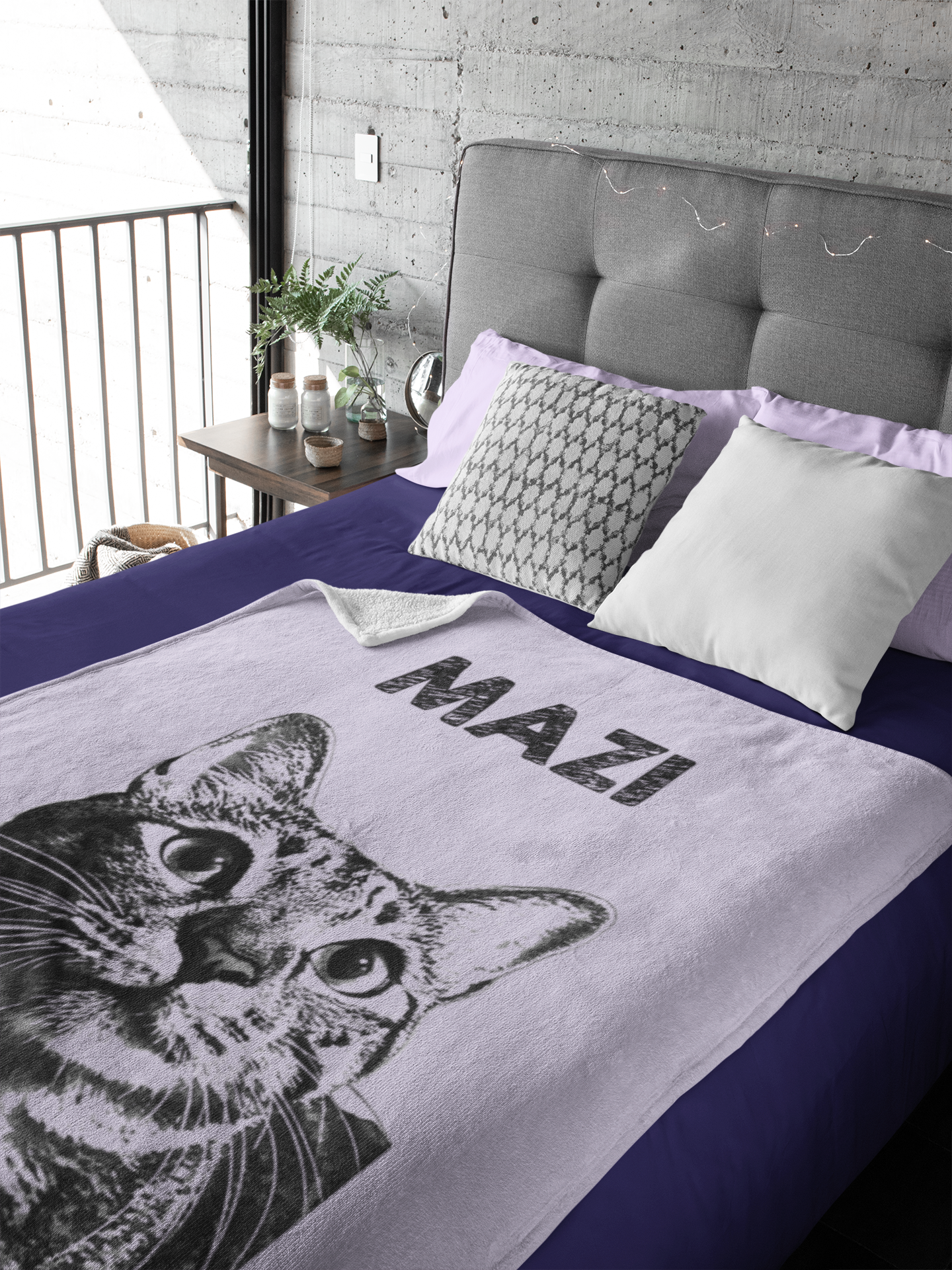 Custom Pet Pen Art Portrait Blanket, Personalized Cat Photo Throw Blanket, Cat Mom Gift, Cat Face and Name Blanket, Cat Lover Gift - Parma Violet
