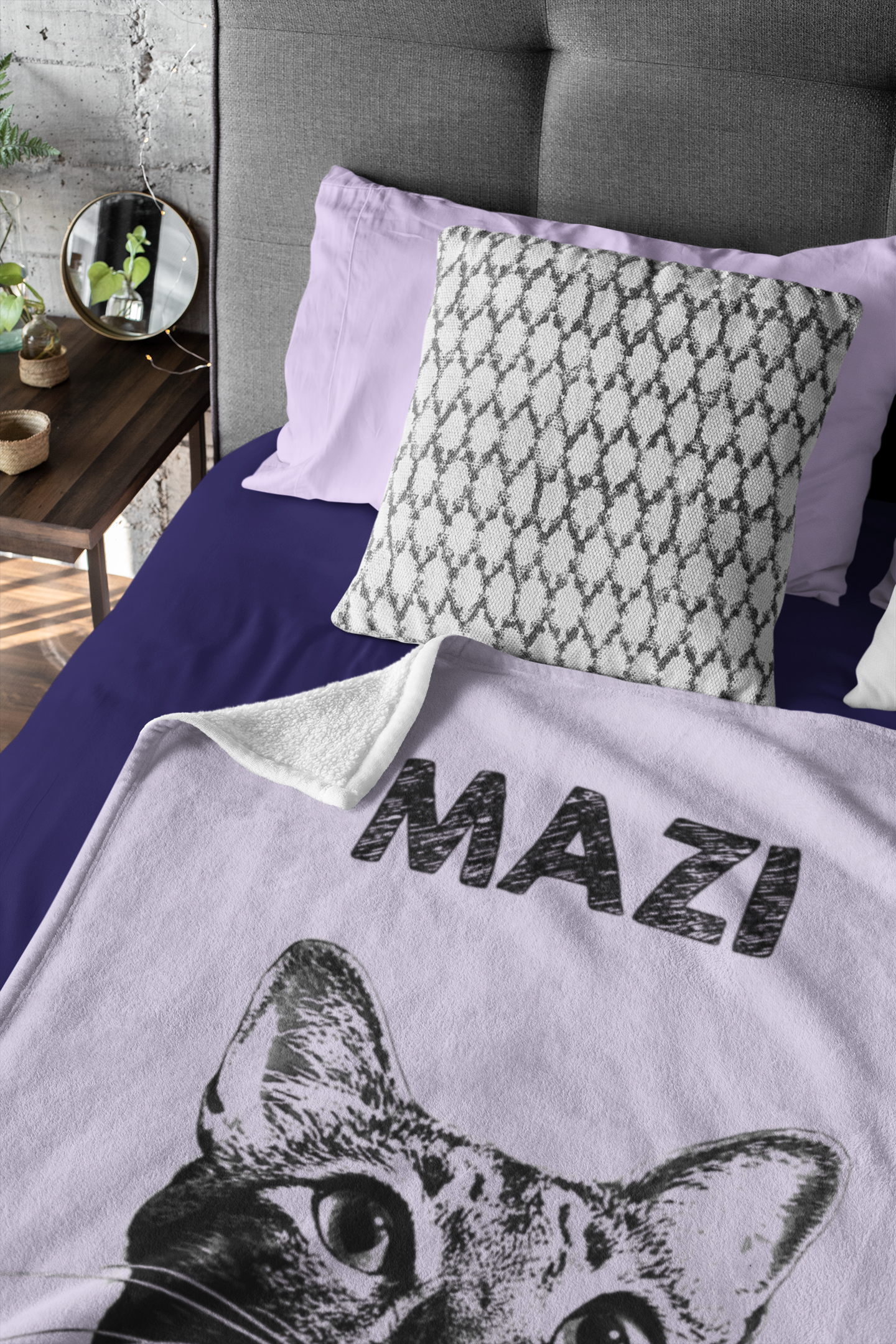 Custom Pet Pen Art Portrait Blanket, Personalized Cat Photo Throw Blanket, Cat Mom Gift, Cat Face and Name Blanket, Cat Lover Gift - Parma Violet