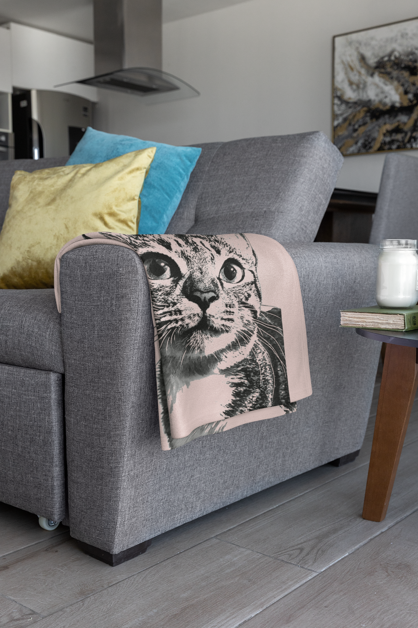 Custom Pet Pen Art Portrait Blanket, Personalized Cat Photo Throw Blanket, Cat Mom Gift, Cat Face and Name Blanket, Cat Lover Gift - Soft Peach