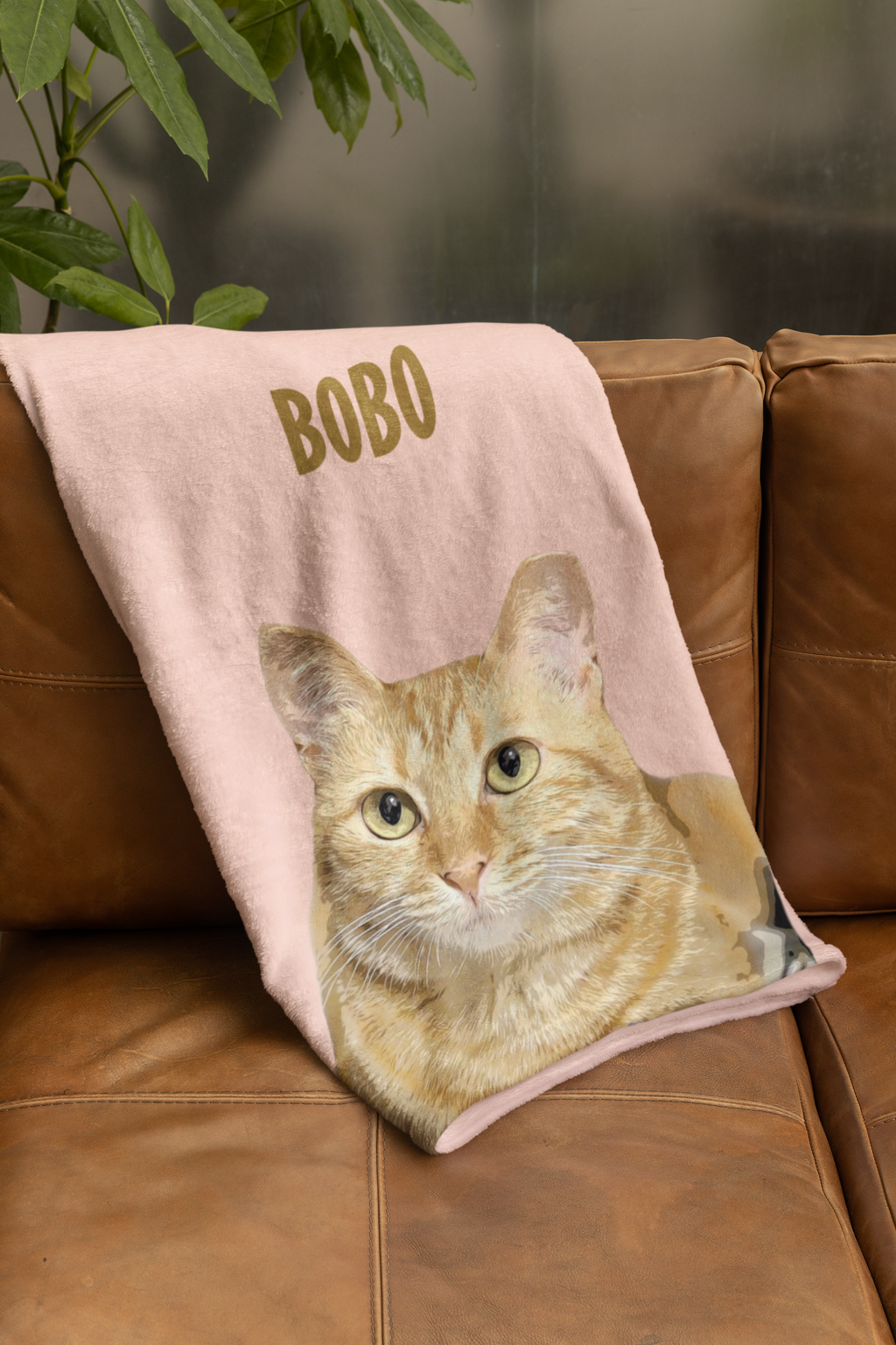 B-Custom Pet Pen Art Portrait Blanket, Personalized Cat Photo Throw Blanket, Cat Mom Gift, Cat Face and Name Blanket, Cat Lover Gift - Apricot
