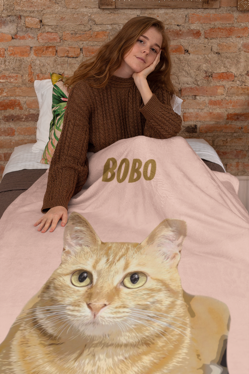 B-Custom Pet Pen Art Portrait Blanket, Personalized Cat Photo Throw Blanket, Cat Mom Gift, Cat Face and Name Blanket, Cat Lover Gift - Apricot