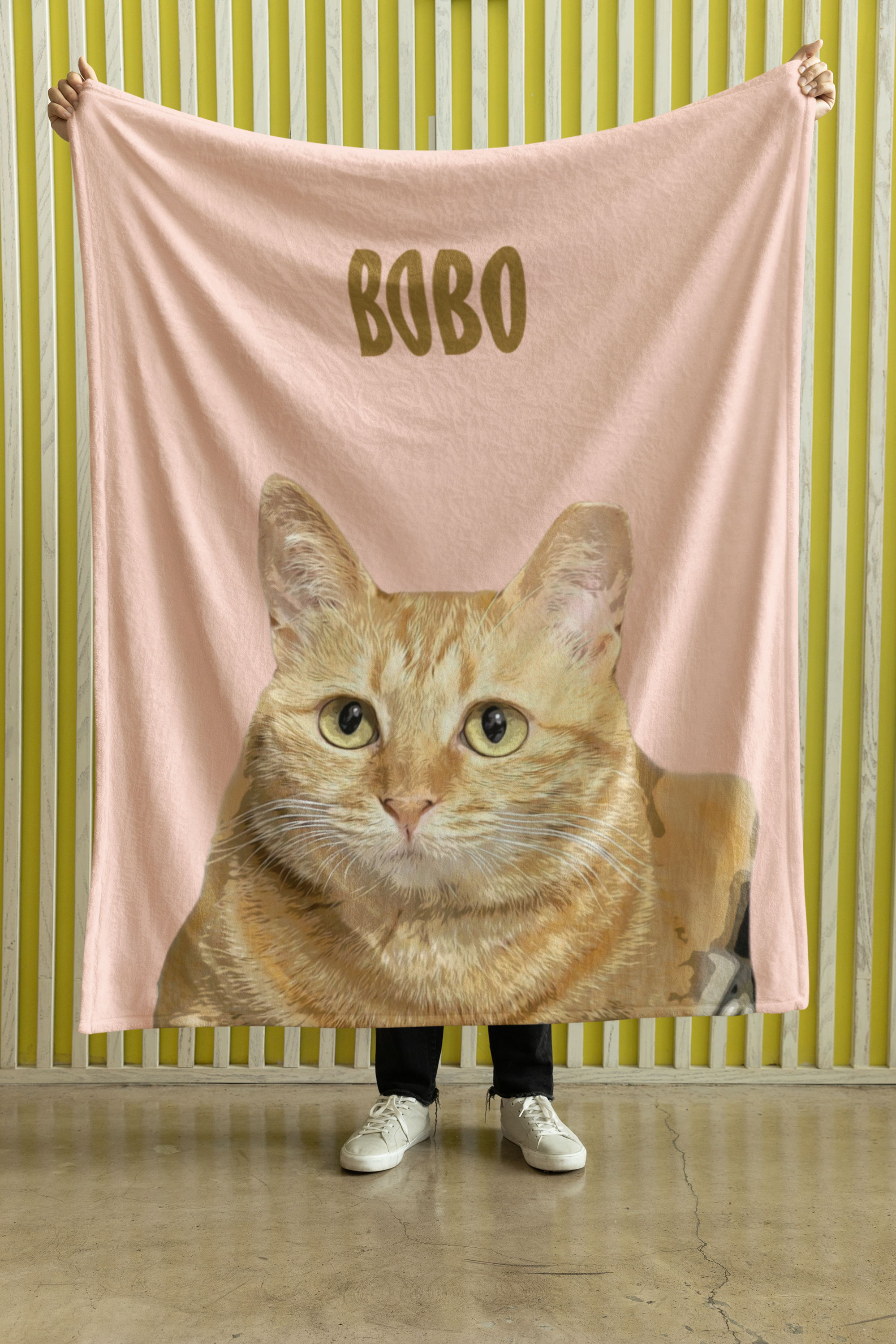 B-Custom Pet Pen Art Portrait Blanket, Personalized Cat Photo Throw Blanket, Cat Mom Gift, Cat Face and Name Blanket, Cat Lover Gift - Apricot