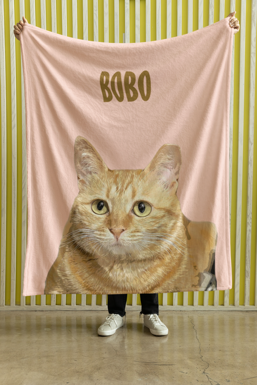 B-Custom Pet Pen Art Portrait Blanket, Personalized Cat Photo Throw Blanket, Cat Mom Gift, Cat Face and Name Blanket, Cat Lover Gift - Apricot