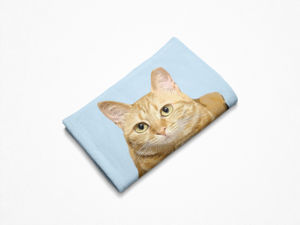 B-Custom Pet Pen Art Portrait Blanket, Personalized Cat Photo Throw Blanket, Cat Mom Gift, Cat Face and Name Blanket, Cat Lover Gift - Cloud Blue