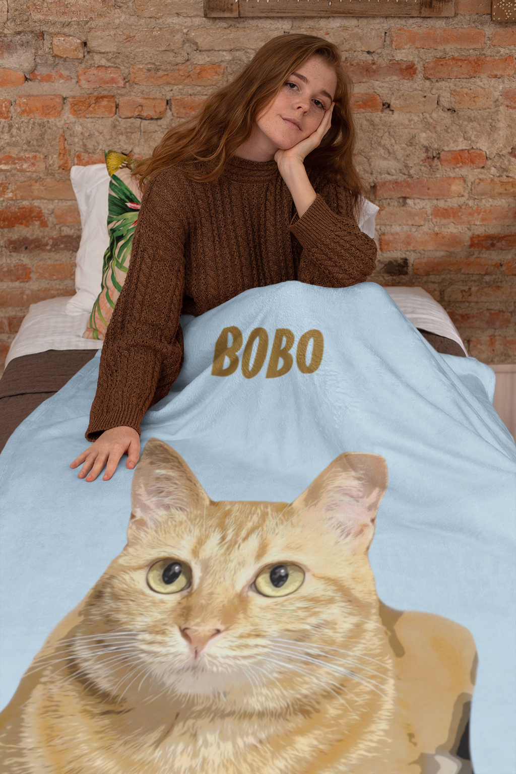 B-Custom Pet Pen Art Portrait Blanket, Personalized Cat Photo Throw Blanket, Cat Mom Gift, Cat Face and Name Blanket, Cat Lover Gift - Cloud Blue
