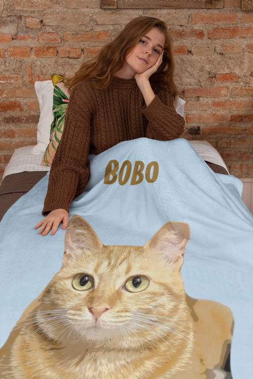 B-Custom Pet Pen Art Portrait Blanket, Personalized Cat Photo Throw Blanket, Cat Mom Gift, Cat Face and Name Blanket, Cat Lover Gift - Cloud Blue