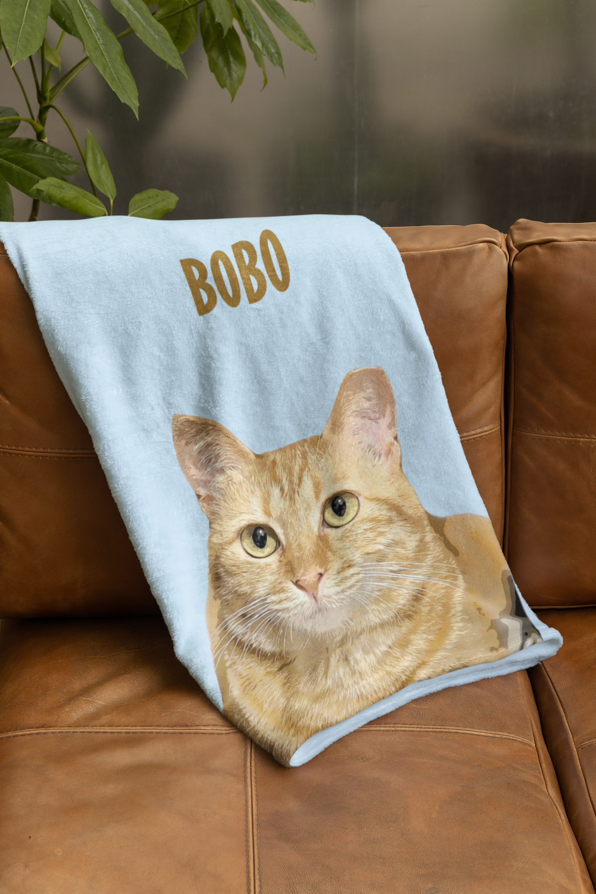 B-Custom Pet Pen Art Portrait Blanket, Personalized Cat Photo Throw Blanket, Cat Mom Gift, Cat Face and Name Blanket, Cat Lover Gift - Cloud Blue