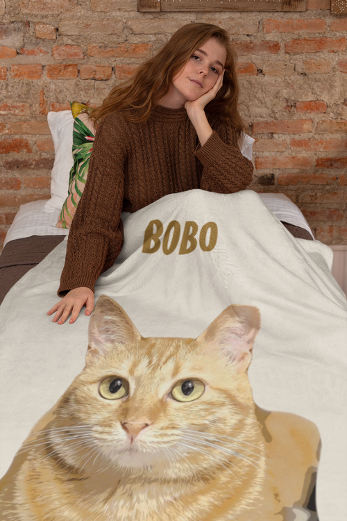 B-Custom Pet Pen Art Portrait Blanket, Personalized Cat Photo Throw Blanket, Cat Mom Gift, Cat Face and Name Blanket, Cat Lover Gift - Cream
