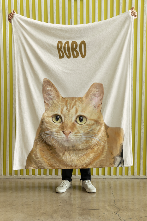 B-Custom Pet Pen Art Portrait Blanket, Personalized Cat Photo Throw Blanket, Cat Mom Gift, Cat Face and Name Blanket, Cat Lover Gift - Cream