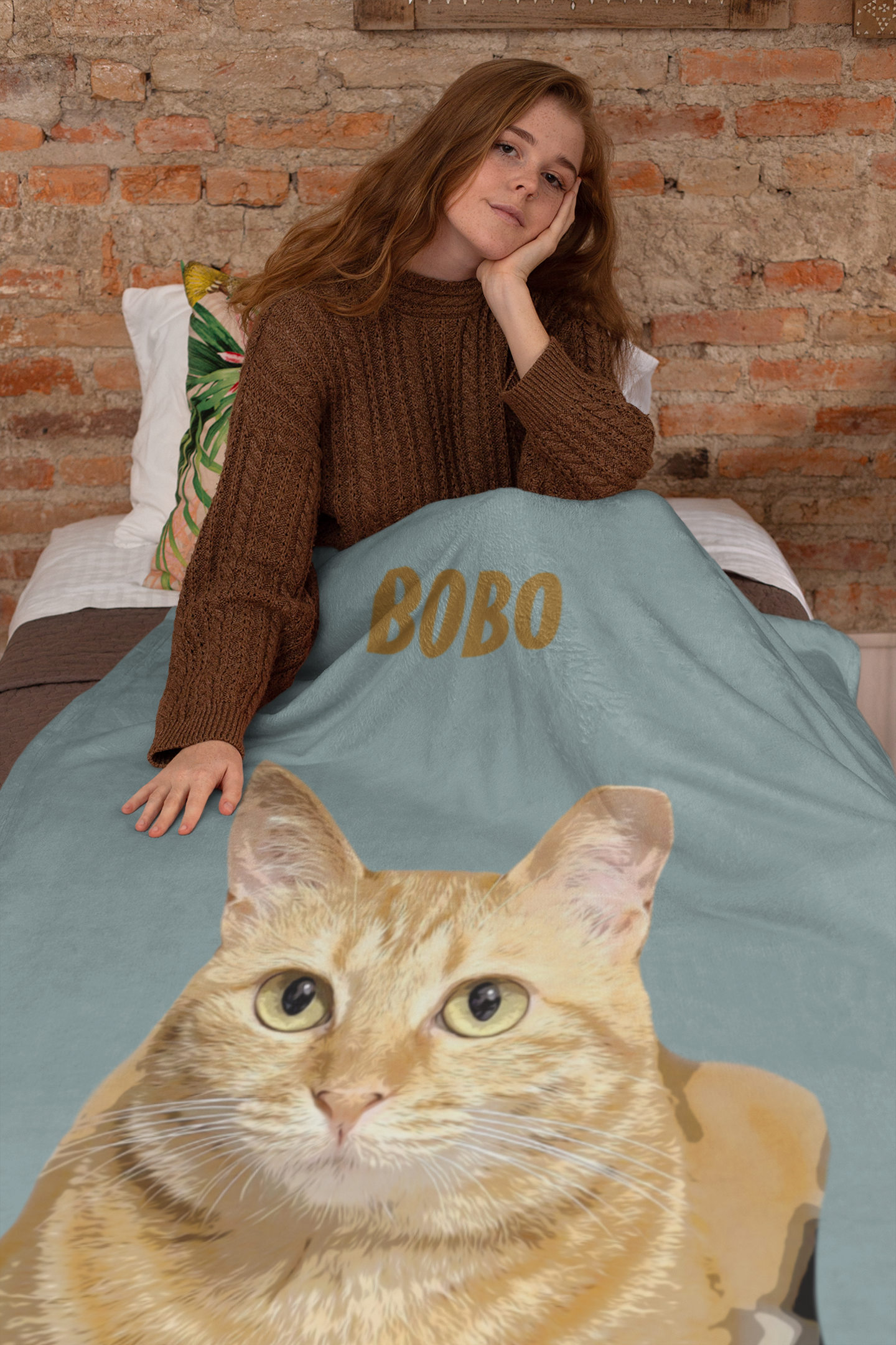B-Custom Pet Pen Art Portrait Blanket, Personalized Cat Photo Throw Blanket, Cat Mom Gift, Cat Face and Name Blanket, Cat Lover Gift - Duck egg