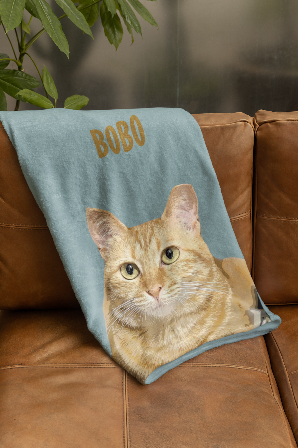 B-Custom Pet Pen Art Portrait Blanket, Personalized Cat Photo Throw Blanket, Cat Mom Gift, Cat Face and Name Blanket, Cat Lover Gift - Duck egg