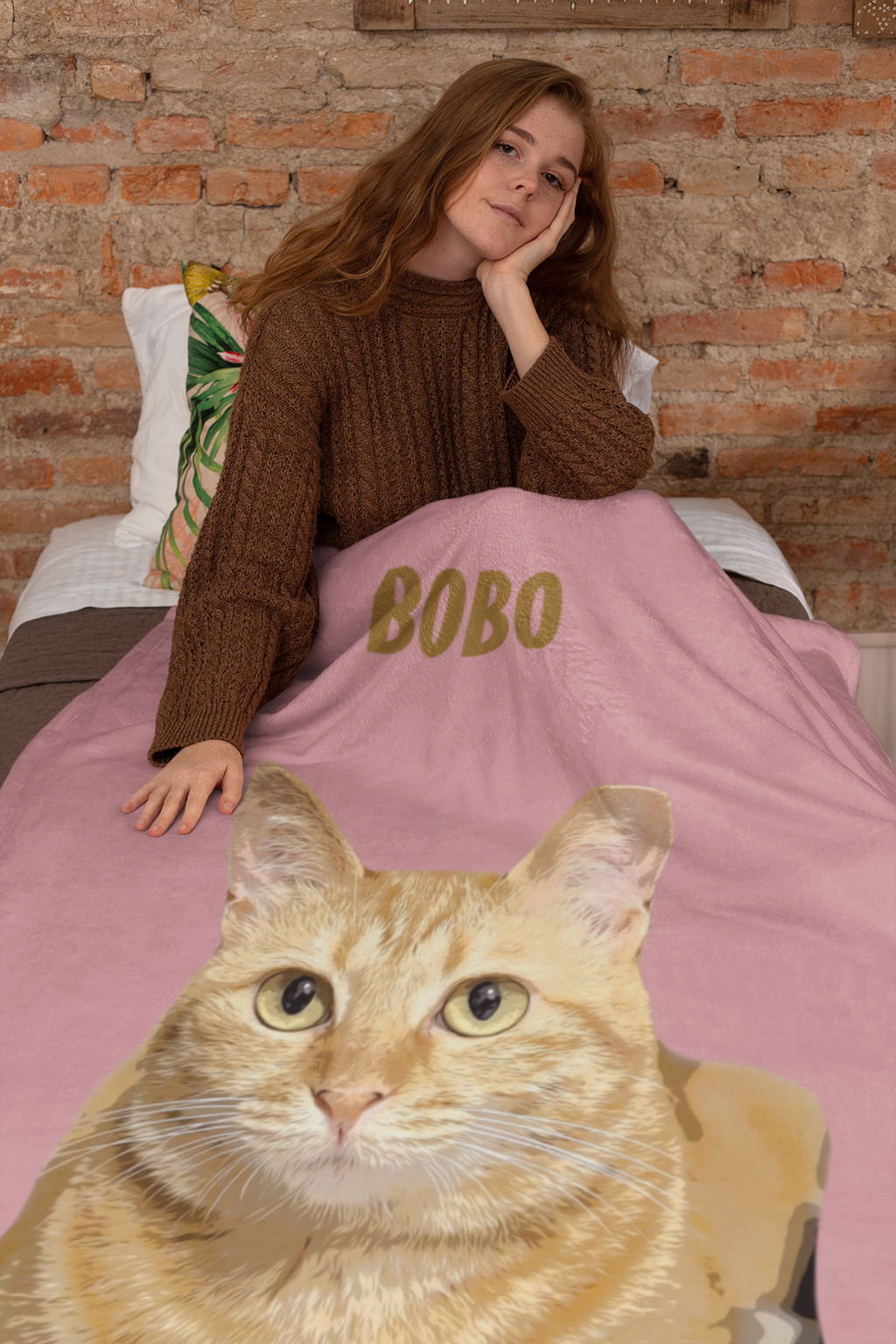 B-Custom Pet Pen Art Portrait Blanket, Personalized Cat Photo Throw Blanket, Cat Mom Gift, Cat Face and Name Blanket, Cat Lover Gift - Pale rose