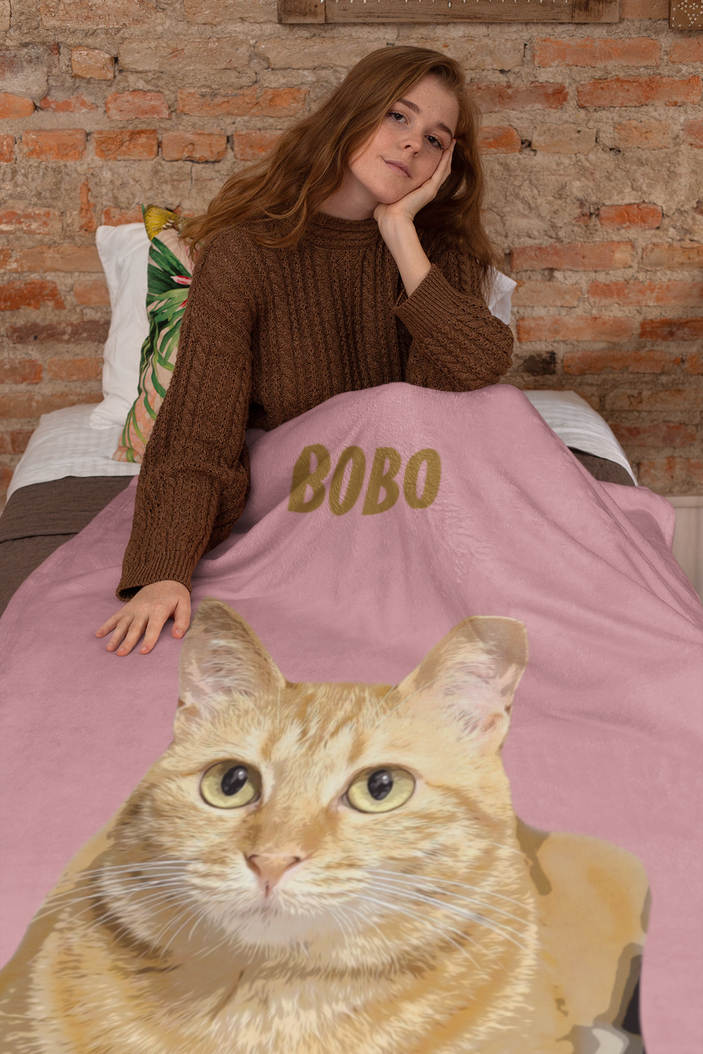B-Custom Pet Pen Art Portrait Blanket, Personalized Cat Photo Throw Blanket, Cat Mom Gift, Cat Face and Name Blanket, Cat Lover Gift - Pale rose