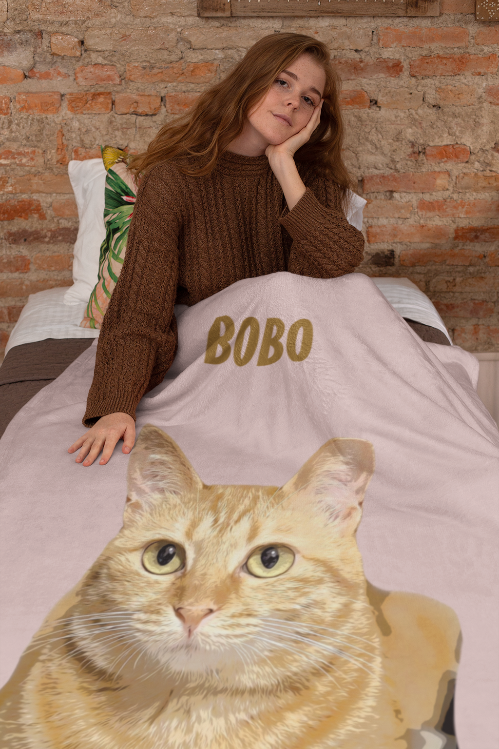 B-Custom Pet Pen Art Portrait Blanket, Personalized Cat Photo Throw Blanket, Cat Mom Gift, Cat Face and Name Blanket, Cat Lover Gift - Soft Peach