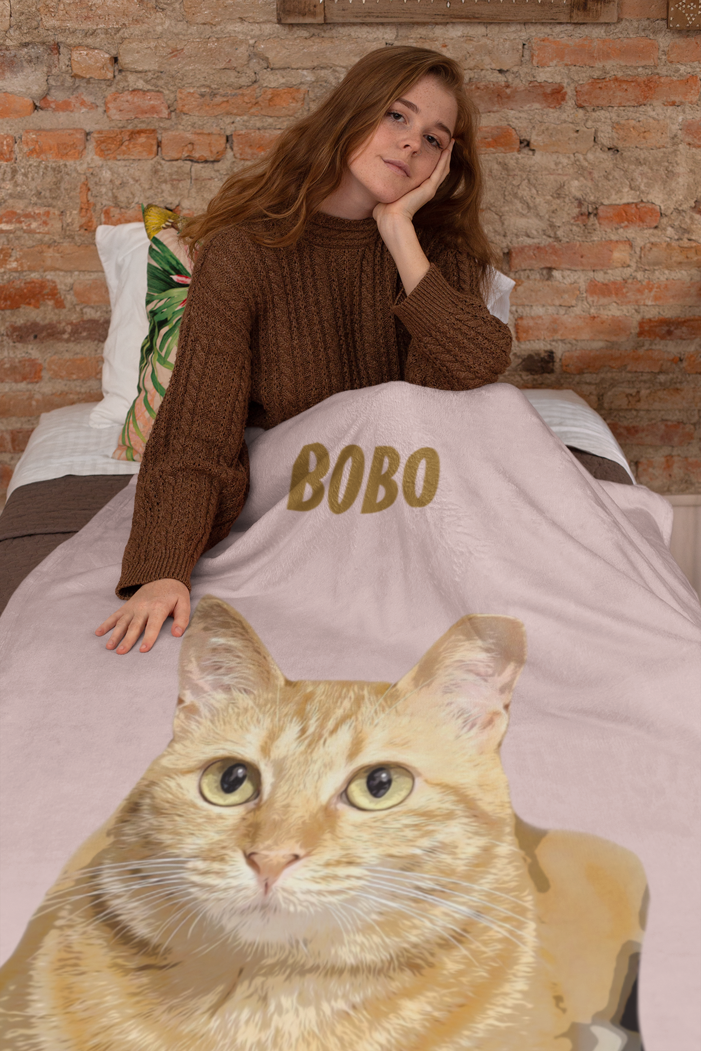 B-Custom Pet Pen Art Portrait Blanket, Personalized Cat Photo Throw Blanket, Cat Mom Gift, Cat Face and Name Blanket, Cat Lover Gift - Soft Peach