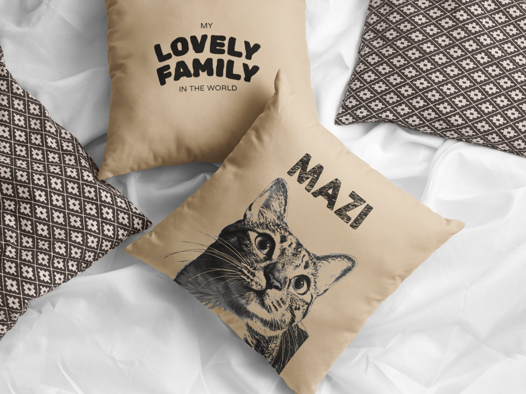 Cozy Throw Pillow with Whimsical Designs, Comfort Decor, Cat Lovers Gift, Family Home Accent, Fun Cushion for Celebrations - Beige