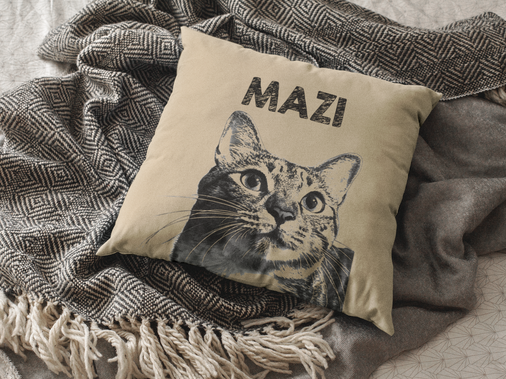 Cozy Throw Pillow with Whimsical Designs, Comfort Decor, Cat Lovers Gift, Family Home Accent, Fun Cushion for Celebrations - Beige