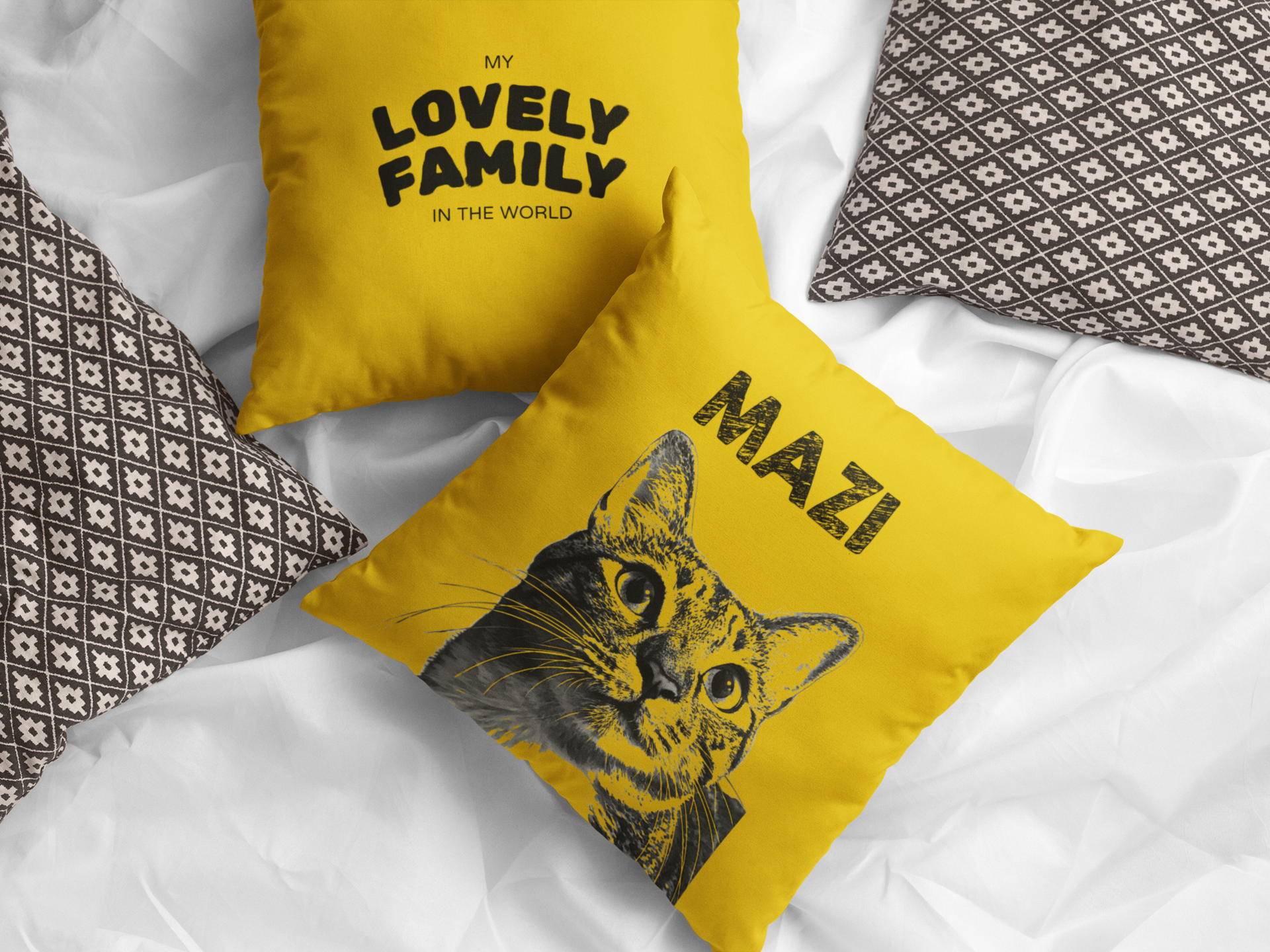 Cozy Throw Pillow with Whimsical Designs, Comfort Decor, Cat Lovers Gift, Family Home Accent, Fun Cushion for Celebrations - Mustard Yellow