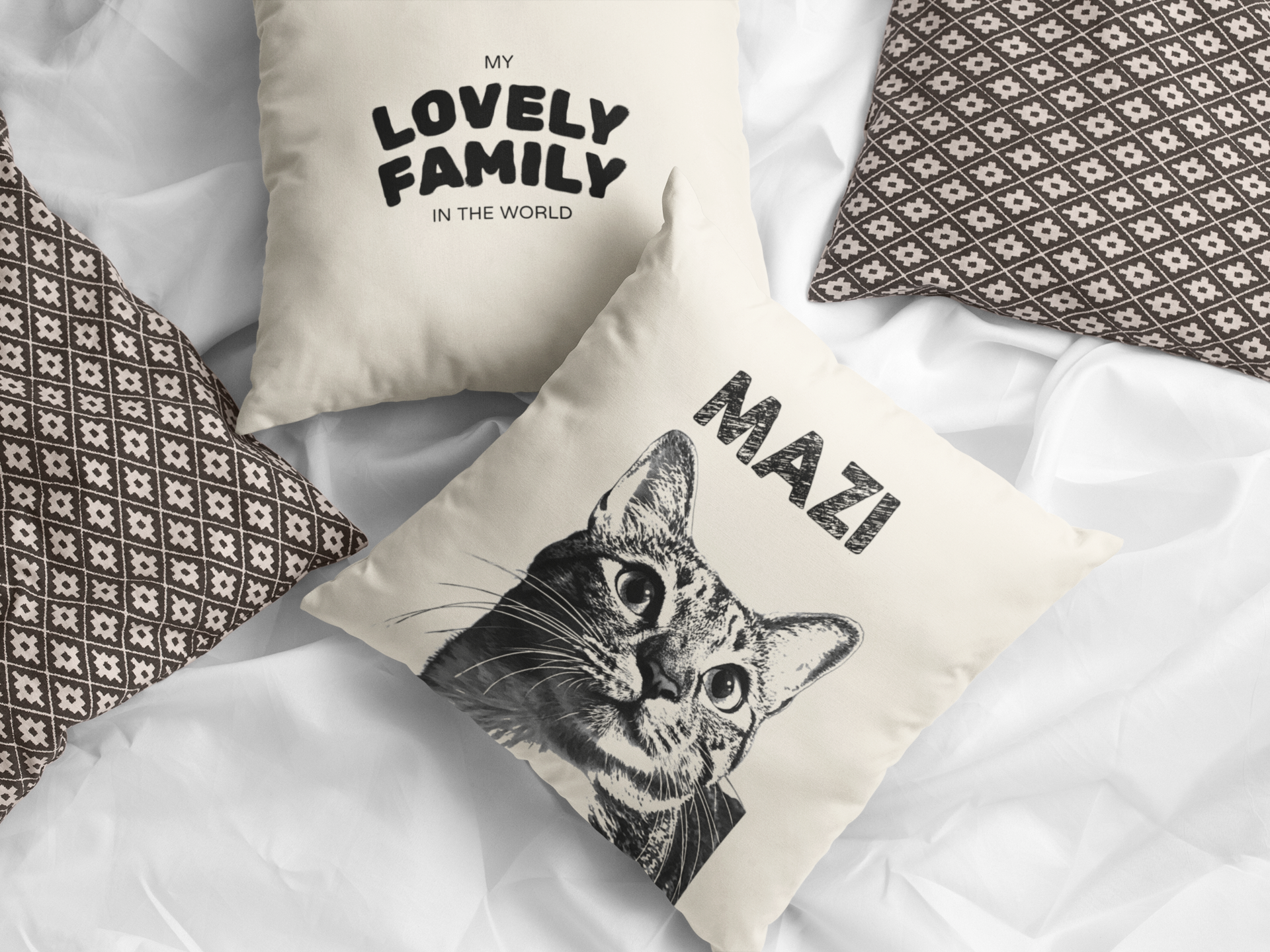 Cozy Throw Pillow with Whimsical Designs, Comfort Decor, Cat Lovers Gift, Family Home Accent, Fun Cushion for Celebrations - Cream