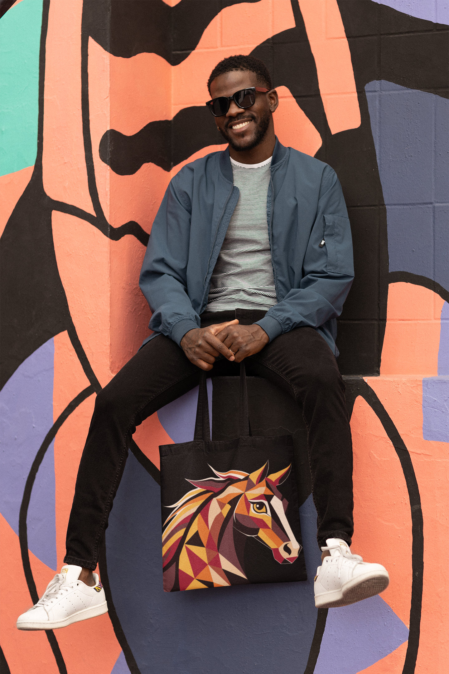 2026 Chinese New Year, Lunar New Year Horse Art Tote Bag, Abstract Colorful Canvas Bag, Geometric Equestrian Design, Gift for Her