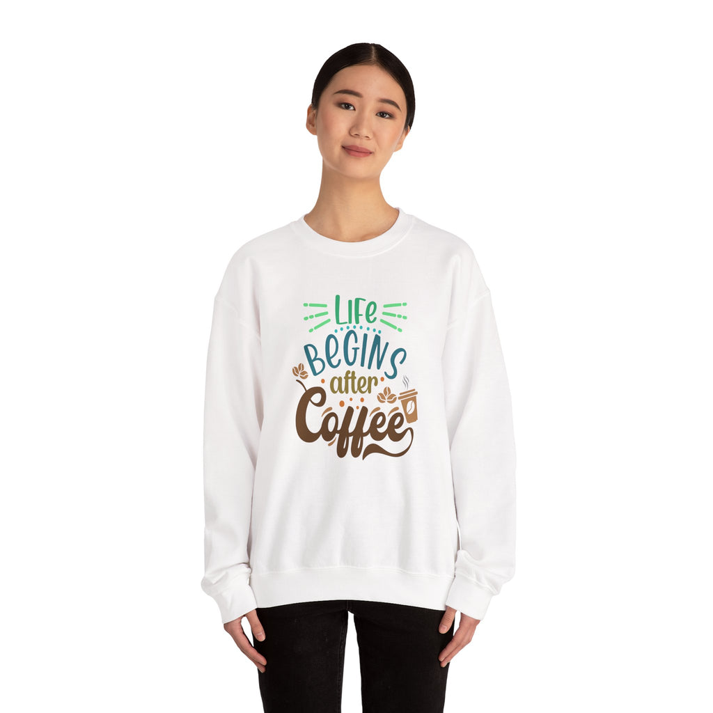 Unisex Heavy Blend™ Crewneck Sweatshirt - Quote - Life begins after coffee